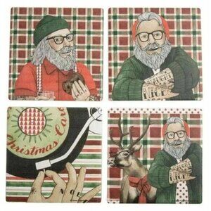Thirstystone Hipster Tattooed Santa Coasters Set of 4 Stone and Cork Holiday